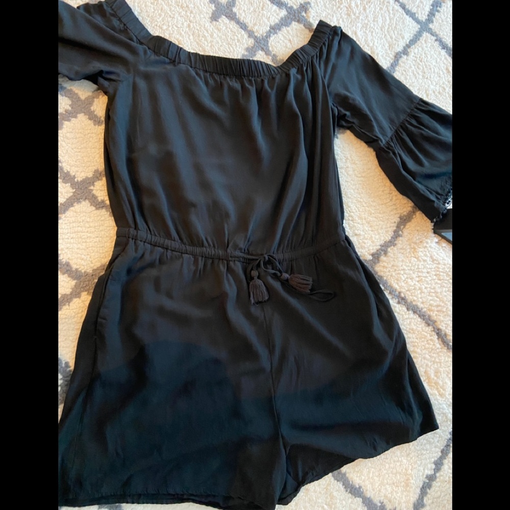 Loft Black Pom Off the Shoulder Romper in Small